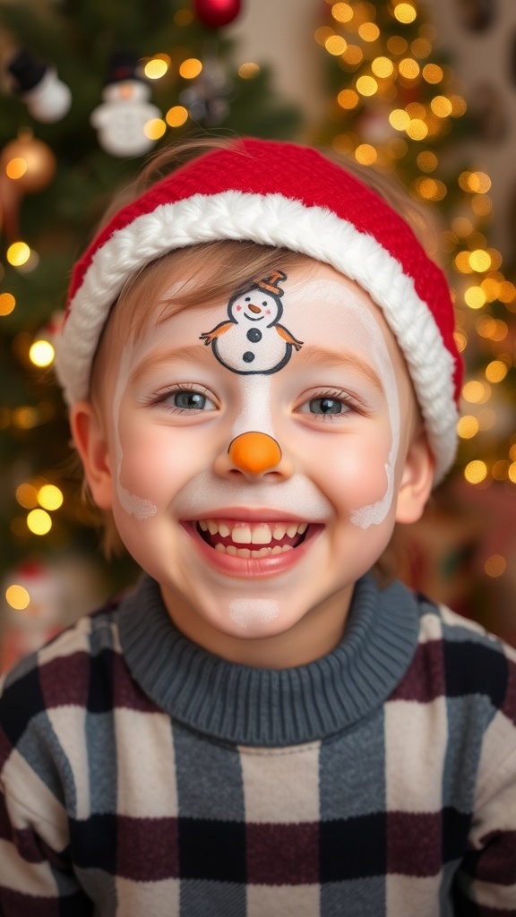 A child with a snowman face makeup, smiling in front of a decorated Christmas tree.
